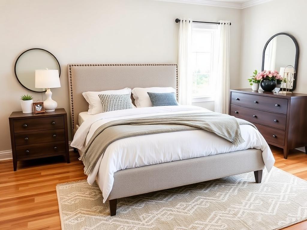 After: finished bedroom set with upholstered bed, nightstands and dresser in place