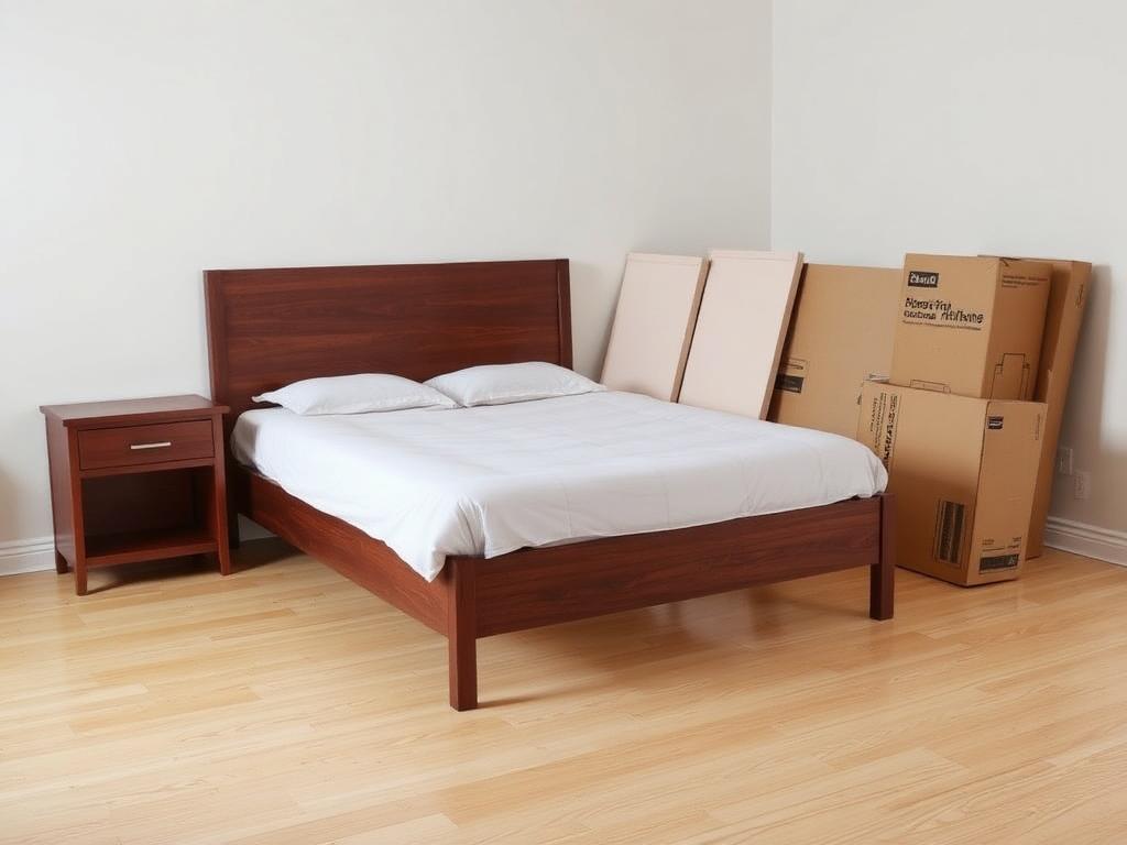 Before: bed frame parts, headboard panels and nightstand cartons stacked in a bedroom