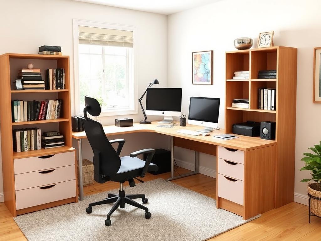 After: completed home office with L-shaped desk, bookcases and tidy cabling