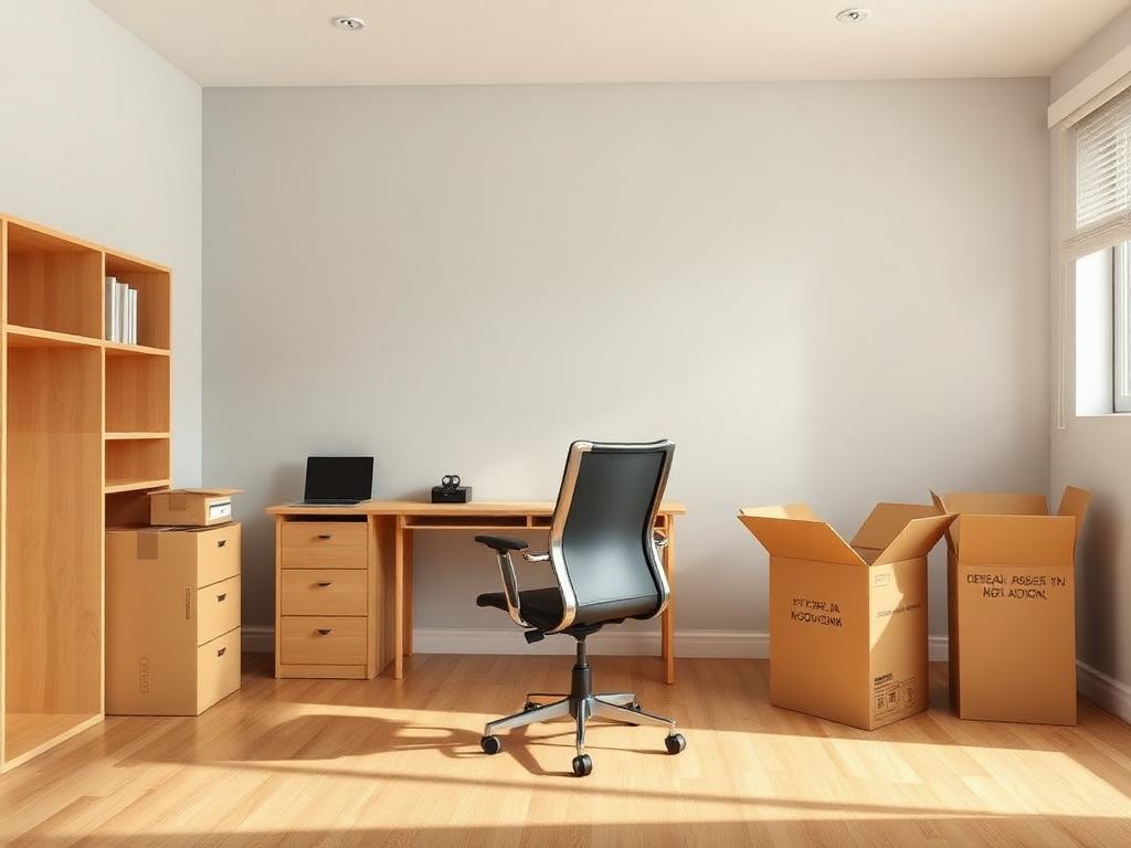 Before: home office with flat-pack desk boxes and unopened chair carton