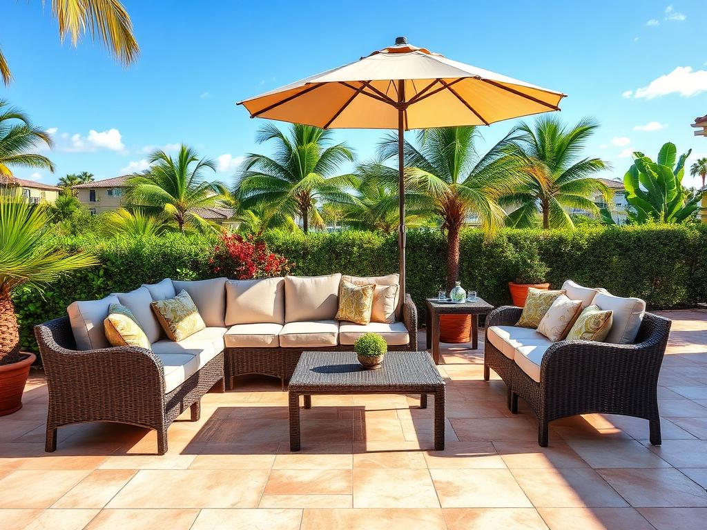After: assembled outdoor sectional, coffee table and umbrella on a sunny patio