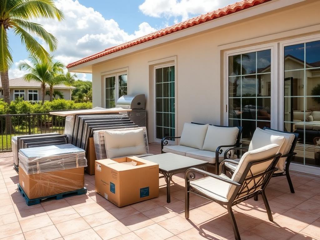 Before: wrapped patio furniture frames and cartons on a South Florida tile deck