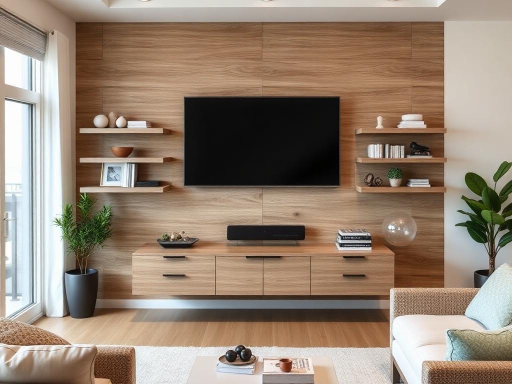 After: installed floating media wall unit with level shelves and mounted console