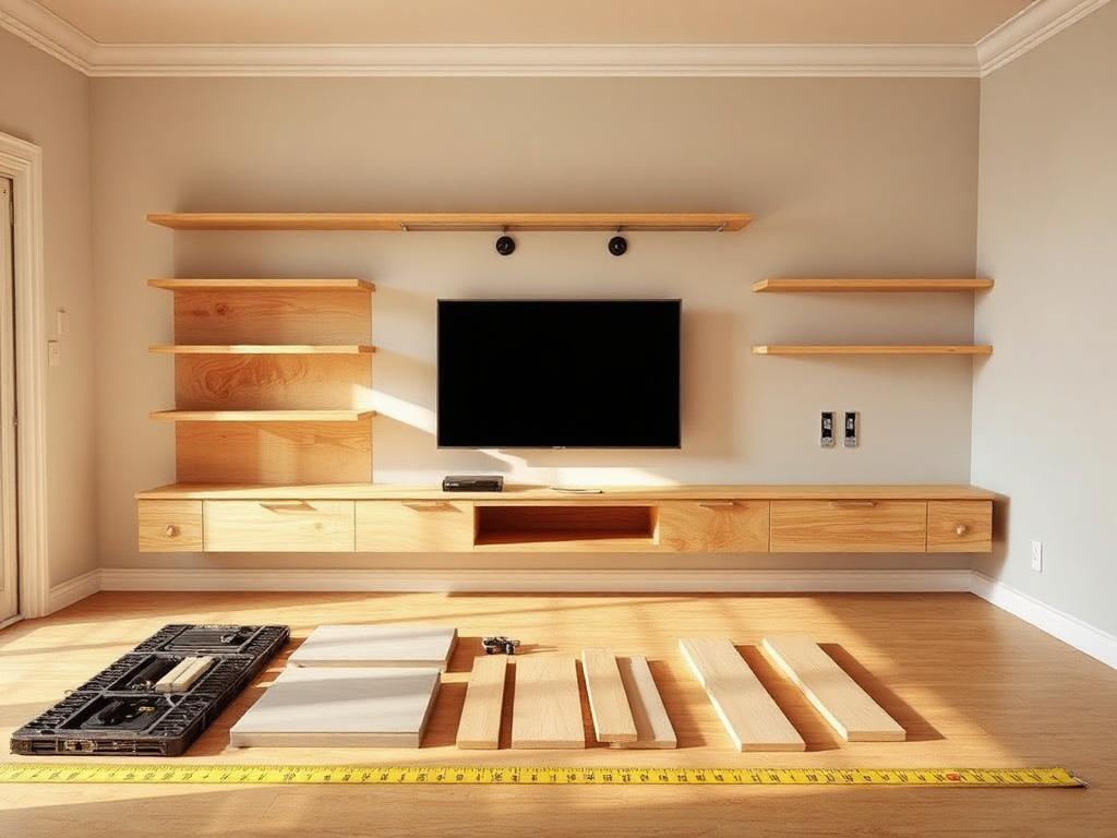 Before: living room wall with loose shelf boards, brackets and wall unit parts on the floor