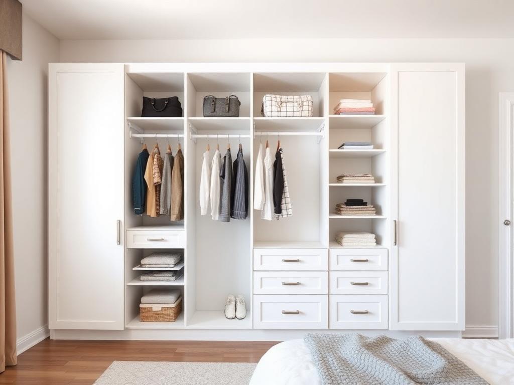 After: assembled white modular wardrobe with shelves, drawers and hanging rails