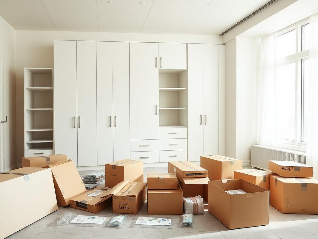 Before: flat-pack wardrobe boxes and panels on a Miami bedroom floor
